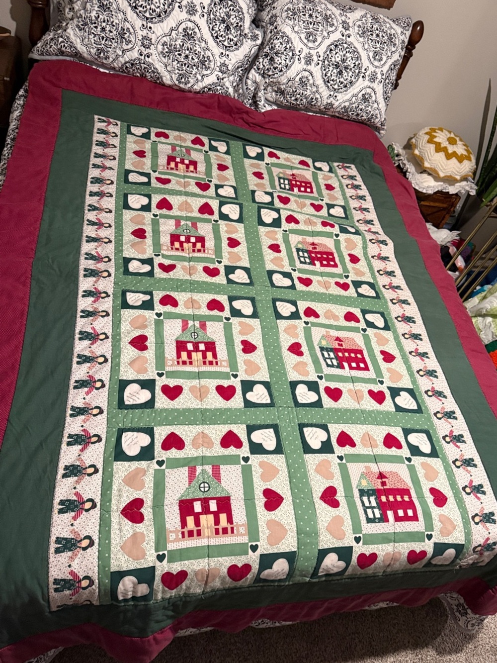 Handmade Green and Red Patchwork House Quilt by - Picture 1 of 4